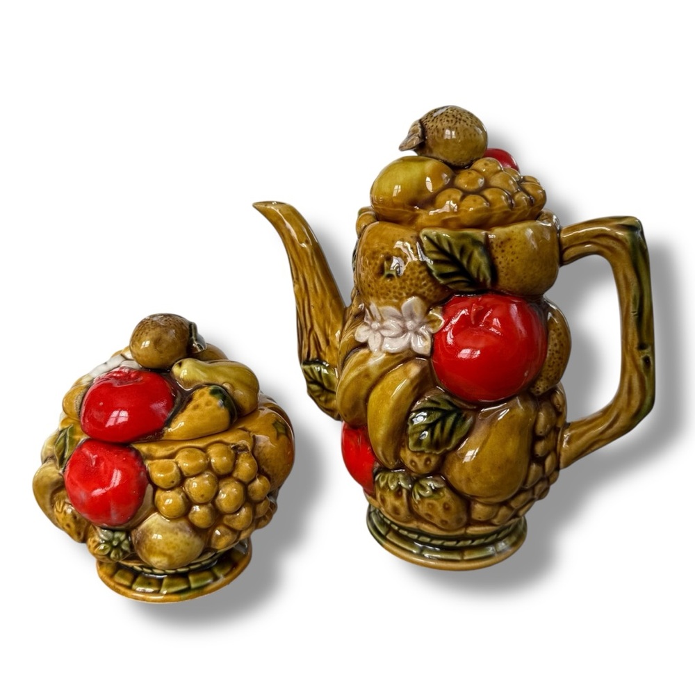 Vtg 70s Ardco Fine Quality Dallas Japan Fruit Harvest Majolica Teapot sugar bowl